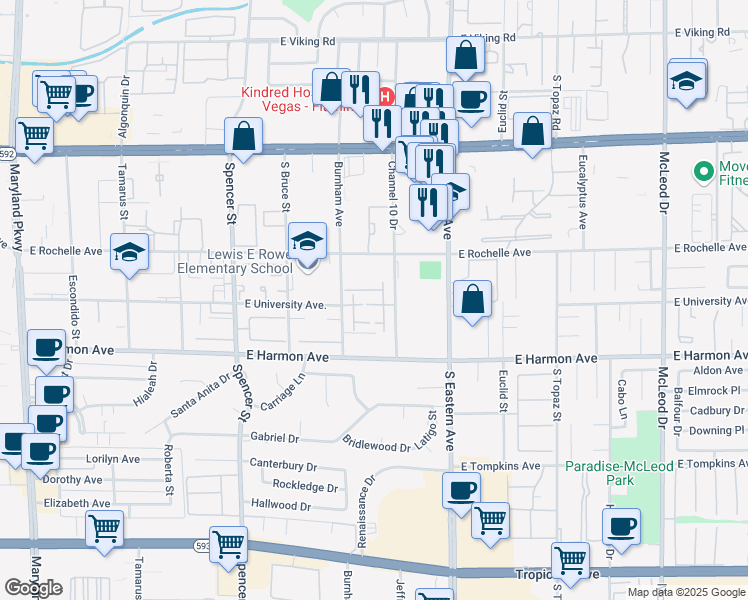 map of restaurants, bars, coffee shops, grocery stores, and more near 2210 East University Avenue in Las Vegas