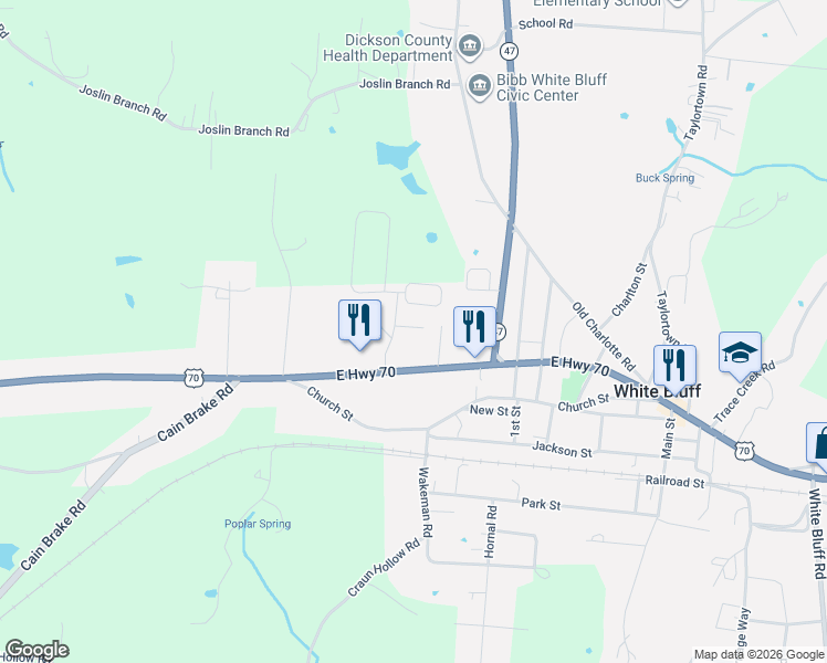 map of restaurants, bars, coffee shops, grocery stores, and more near 102 Bell Forge Court in White Bluff