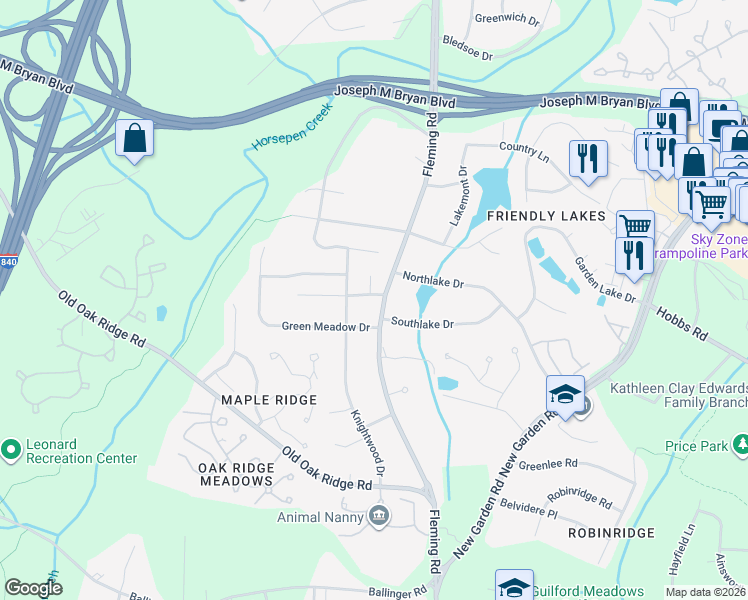 map of restaurants, bars, coffee shops, grocery stores, and more near 5701 Kacey Meadows Drive in Greensboro