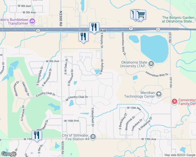 map of restaurants, bars, coffee shops, grocery stores, and more near 4410 Prescot Drive in Stillwater