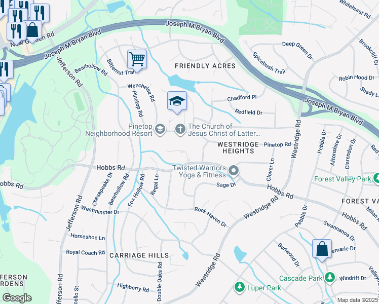 map of restaurants, bars, coffee shops, grocery stores, and more near 6 Heathrow Court in Greensboro