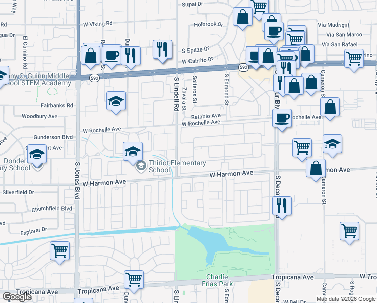 map of restaurants, bars, coffee shops, grocery stores, and more near 5340 Indian River Drive in Las Vegas