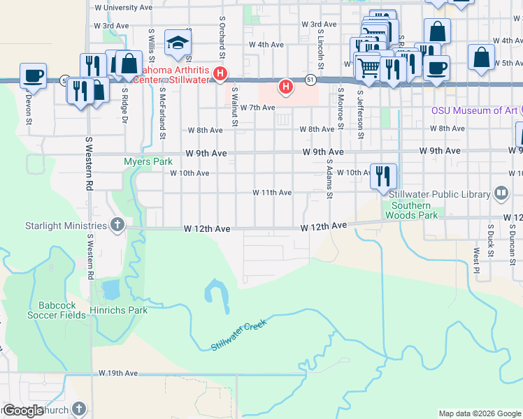 map of restaurants, bars, coffee shops, grocery stores, and more near 1107 South Pine Street in Stillwater