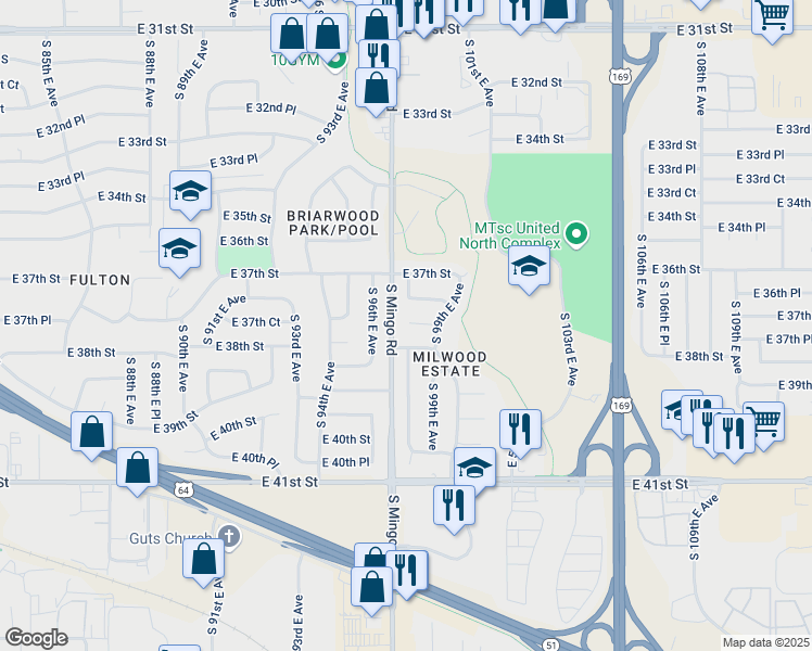 map of restaurants, bars, coffee shops, grocery stores, and more near 98 East 37th Court in Tulsa