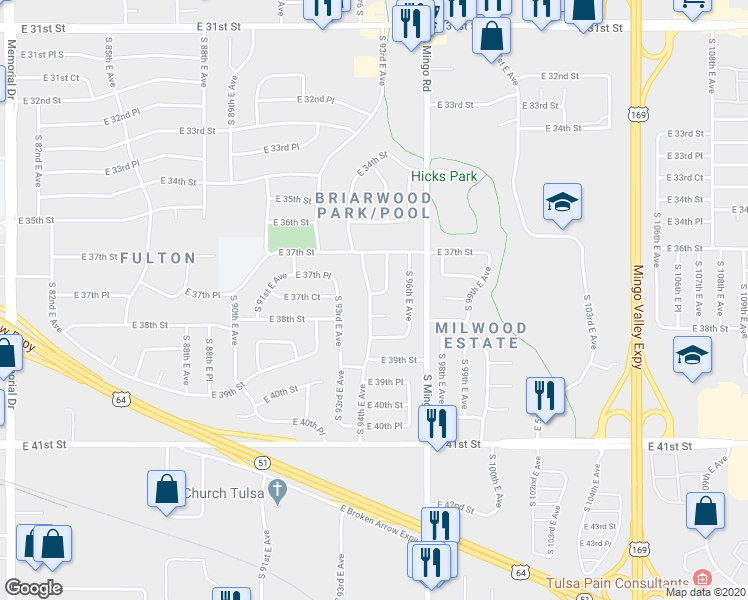 map of restaurants, bars, coffee shops, grocery stores, and more near 9406 East 37th Court in Tulsa