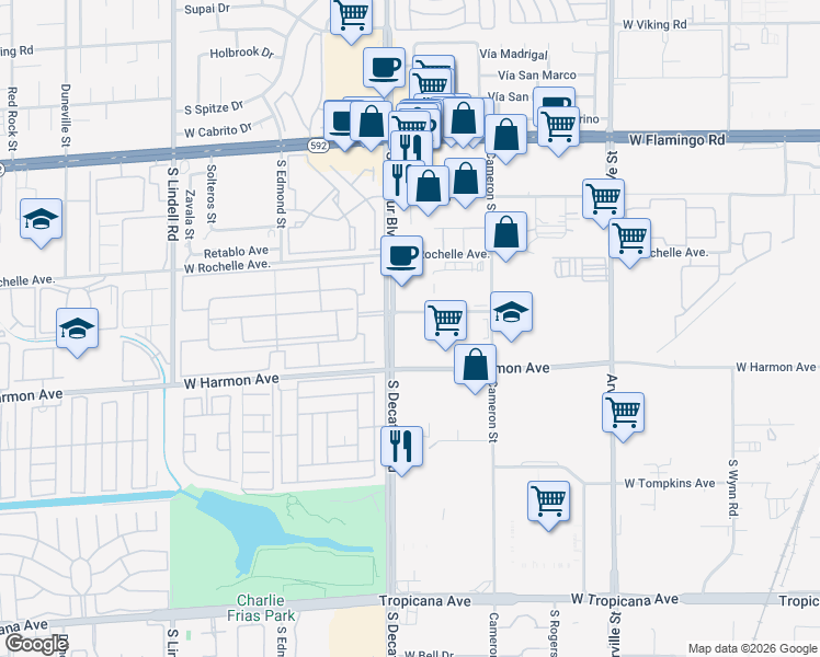 map of restaurants, bars, coffee shops, grocery stores, and more near 4420 South Decatur Boulevard in Las Vegas