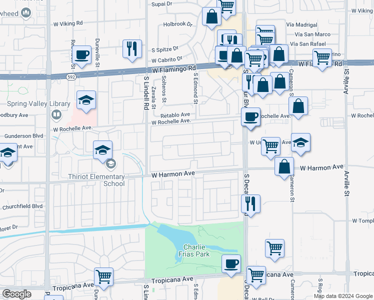 map of restaurants, bars, coffee shops, grocery stores, and more near 5160 Indian River Drive in Las Vegas