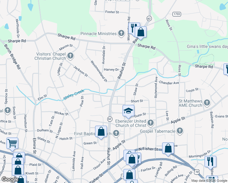map of restaurants, bars, coffee shops, grocery stores, and more near 1020 Rauhut Street in Burlington