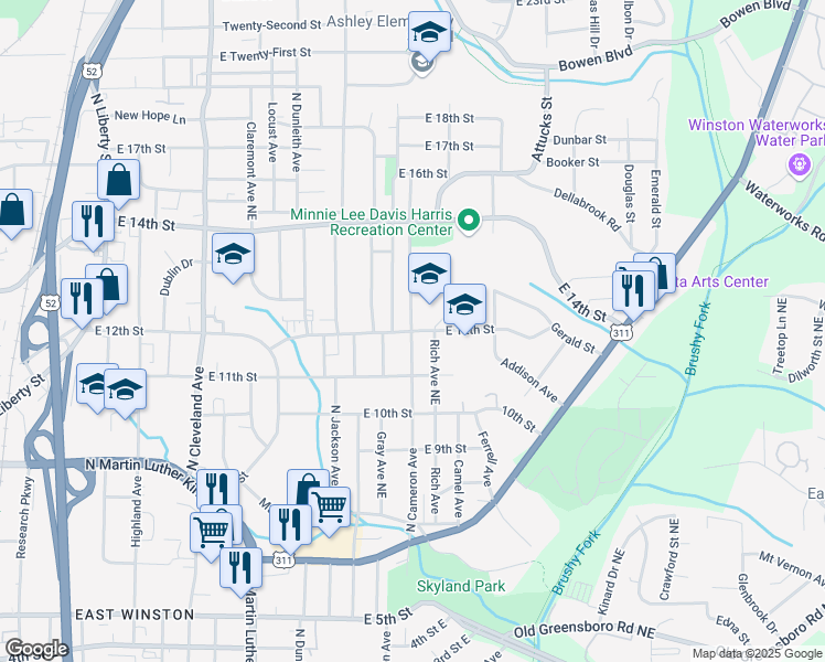 map of restaurants, bars, coffee shops, grocery stores, and more near 1115 Cameron Avenue in Winston-Salem
