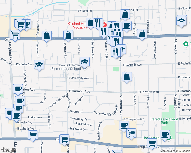 map of restaurants, bars, coffee shops, grocery stores, and more near 4375 Shortleaf Street in Las Vegas