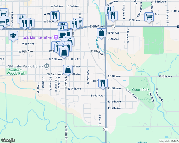 map of restaurants, bars, coffee shops, grocery stores, and more near 1121 South Chester Street in Stillwater