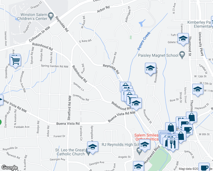 map of restaurants, bars, coffee shops, grocery stores, and more near 1818 Meadowbrook Drive in Winston-Salem