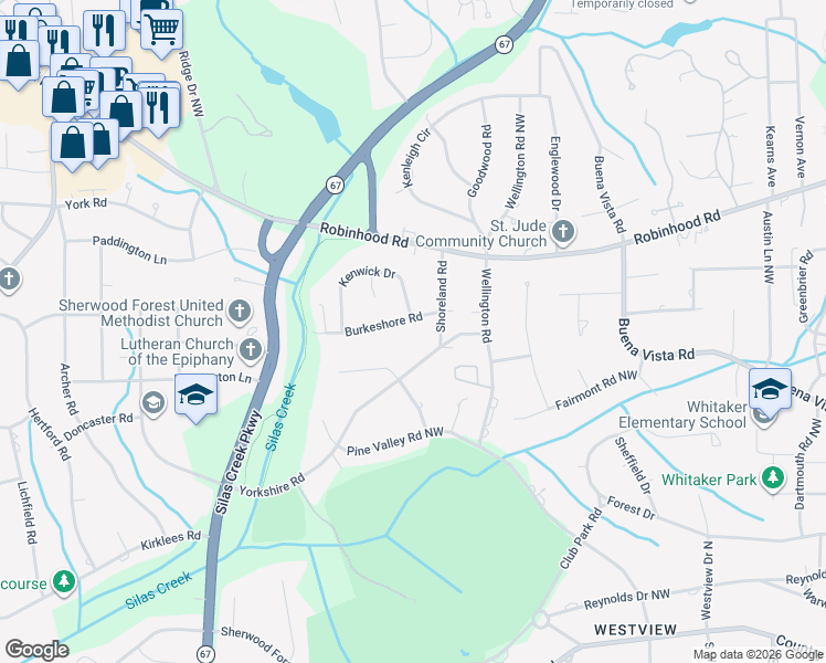 map of restaurants, bars, coffee shops, grocery stores, and more near 3108 Burkeshore Road in Winston-Salem