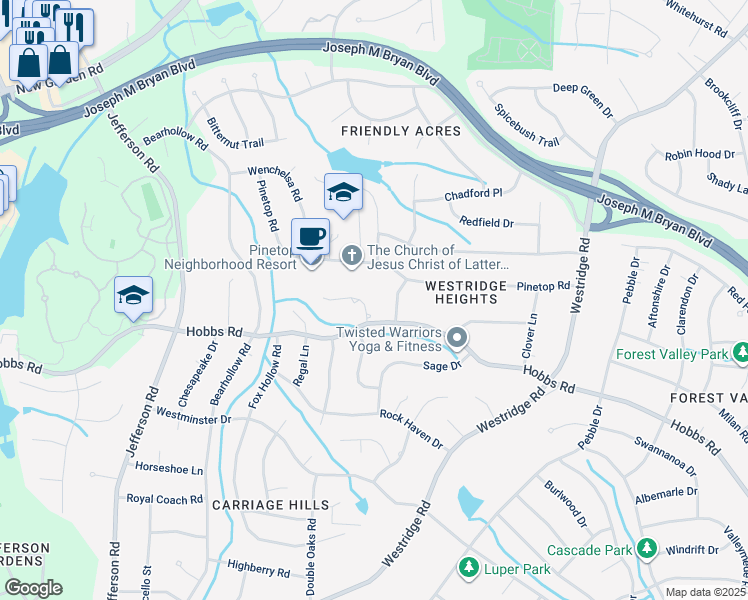map of restaurants, bars, coffee shops, grocery stores, and more near 6 Heathrow Court in Greensboro