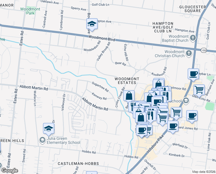 map of restaurants, bars, coffee shops, grocery stores, and more near 2830 Sugar Tree Road in Nashville