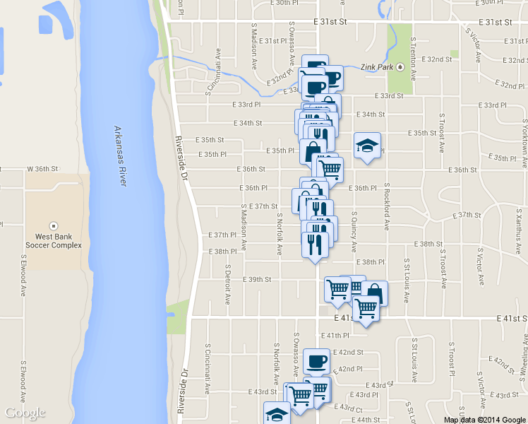 map of restaurants, bars, coffee shops, grocery stores, and more near 1030 East 37th Street in Tulsa