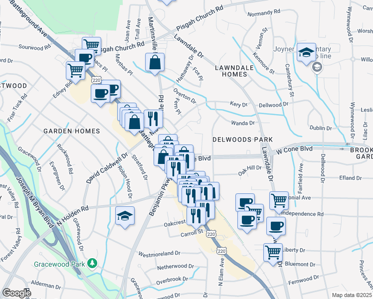 map of restaurants, bars, coffee shops, grocery stores, and more near 2319-A Patriot Way in Greensboro