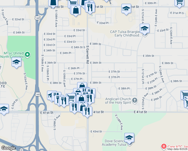 map of restaurants, bars, coffee shops, grocery stores, and more near 11407 E 37th Pl in Tulsa