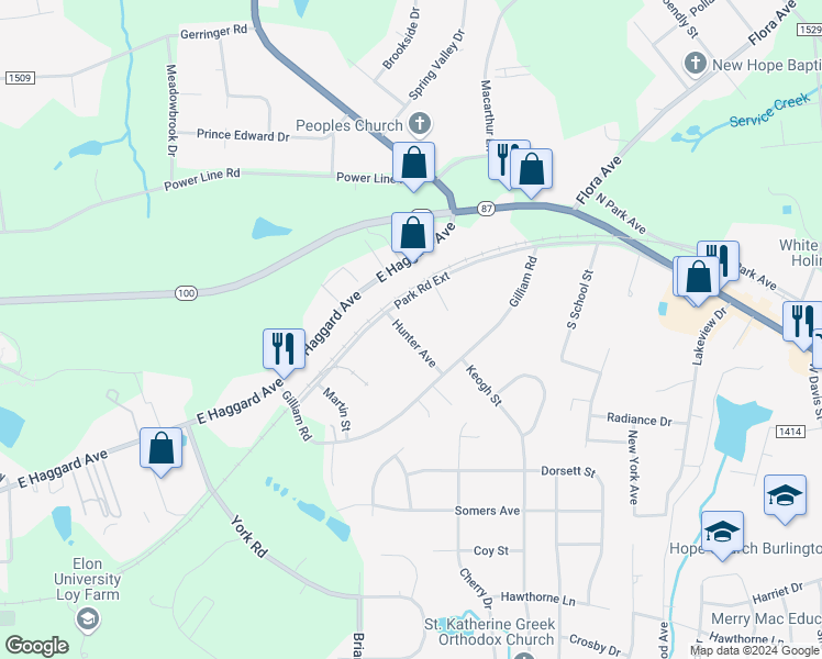 map of restaurants, bars, coffee shops, grocery stores, and more near 128 Hunter Avenue in Elon