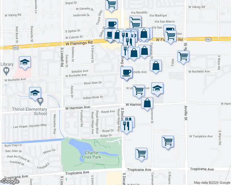 map of restaurants, bars, coffee shops, grocery stores, and more near 4410 Sandy River Drive in Las Vegas