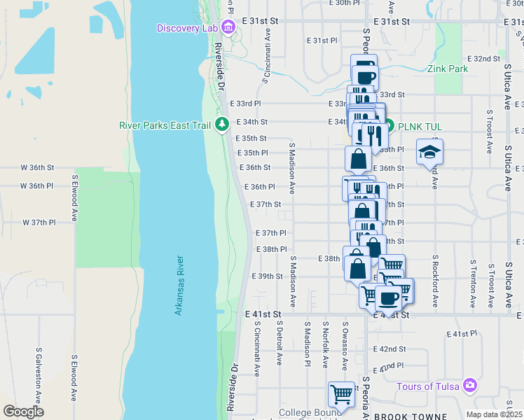 map of restaurants, bars, coffee shops, grocery stores, and more near 3708 South Cincinnati Avenue in Tulsa