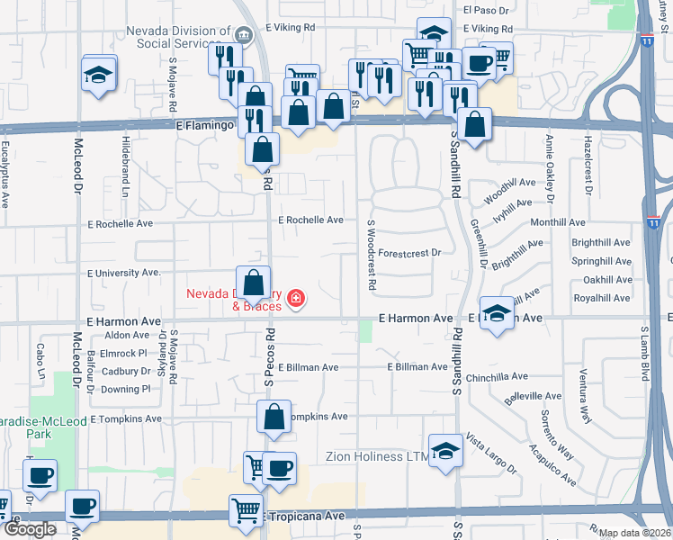 map of restaurants, bars, coffee shops, grocery stores, and more near 3476 Sunny Dunes Court in Las Vegas