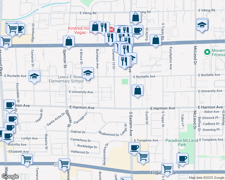 map of restaurants, bars, coffee shops, grocery stores, and more near 2210 East University Avenue in Las Vegas