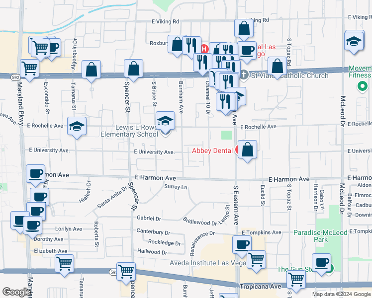 map of restaurants, bars, coffee shops, grocery stores, and more near 4375 Shortleaf Street in Las Vegas