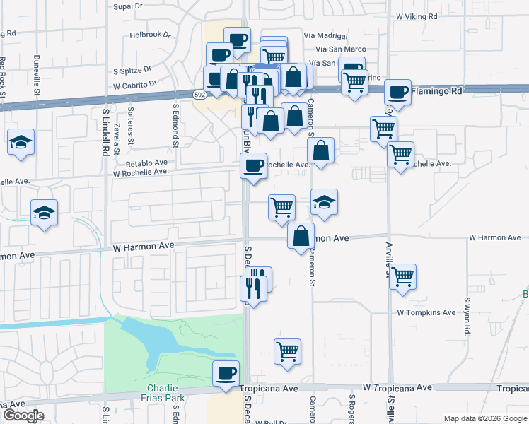 map of restaurants, bars, coffee shops, grocery stores, and more near 4420 South Decatur Boulevard in Las Vegas