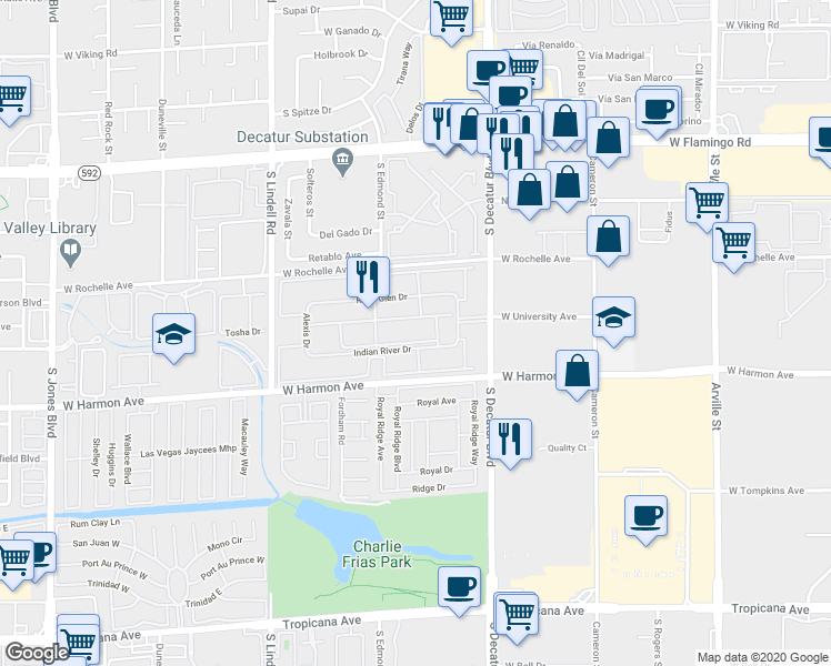 map of restaurants, bars, coffee shops, grocery stores, and more near 5020 Indian River Drive in Las Vegas