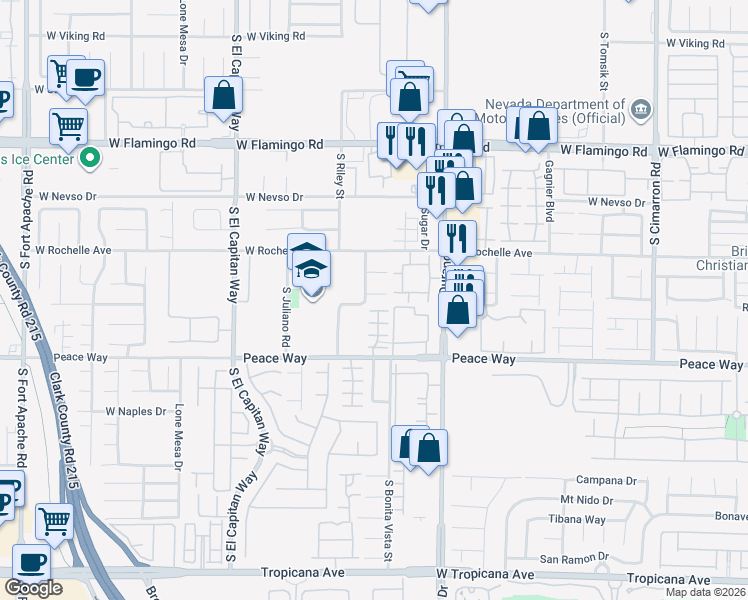 map of restaurants, bars, coffee shops, grocery stores, and more near 8749 Emsdale Court in Las Vegas