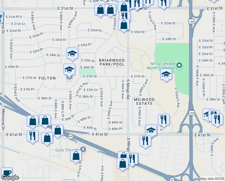 map of restaurants, bars, coffee shops, grocery stores, and more near 9406 East 37th Court in Tulsa
