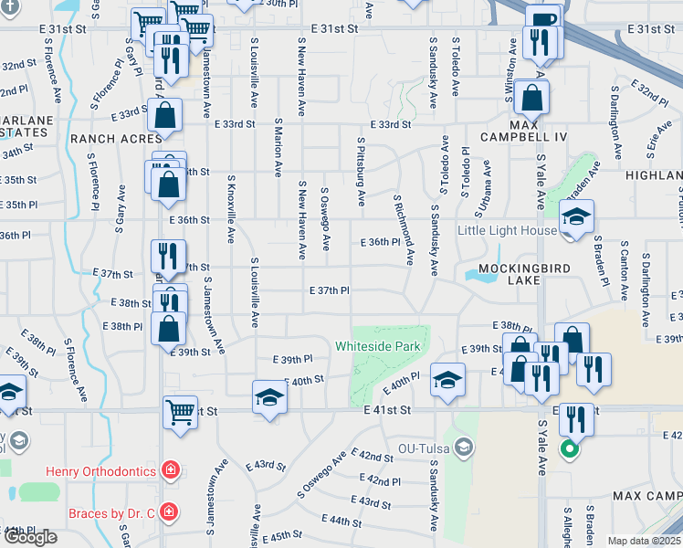 map of restaurants, bars, coffee shops, grocery stores, and more near 4108 East 37th Street in Tulsa