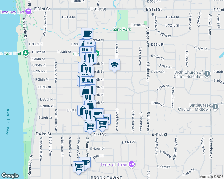 map of restaurants, bars, coffee shops, grocery stores, and more near 1440 East 37th Street in Tulsa