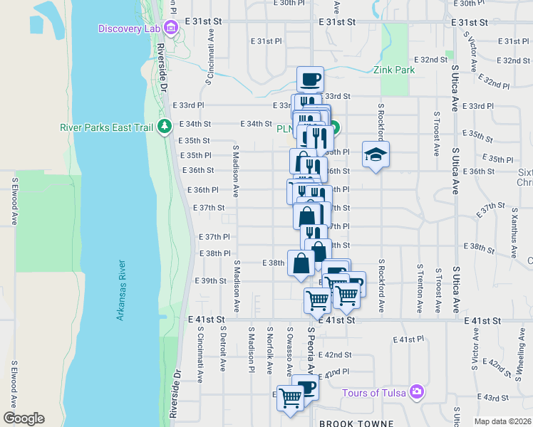 map of restaurants, bars, coffee shops, grocery stores, and more near 1030 East 37th Street in Tulsa