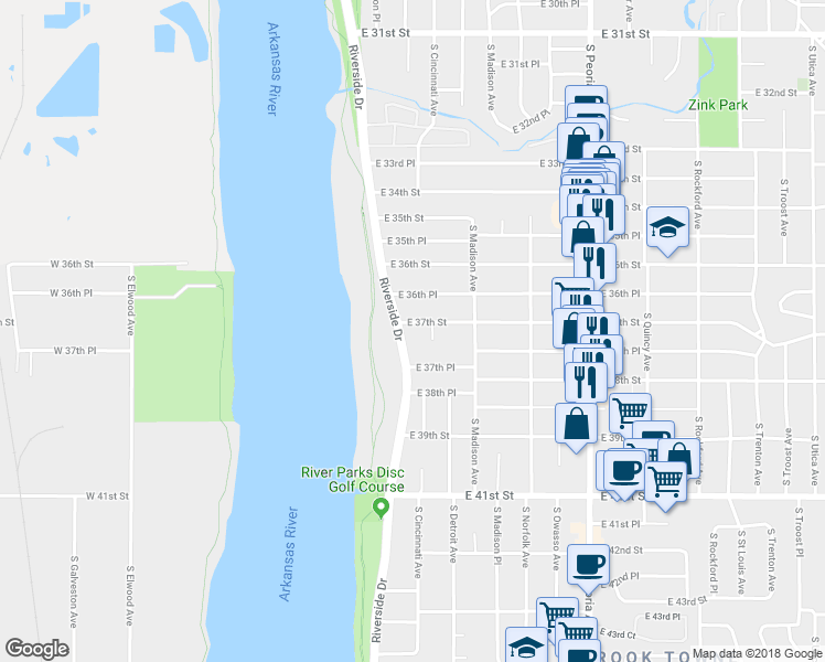 map of restaurants, bars, coffee shops, grocery stores, and more near 3708 South Cincinnati Avenue in Tulsa
