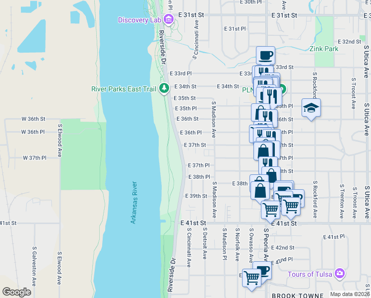 map of restaurants, bars, coffee shops, grocery stores, and more near 3708 South Cincinnati Avenue in Tulsa