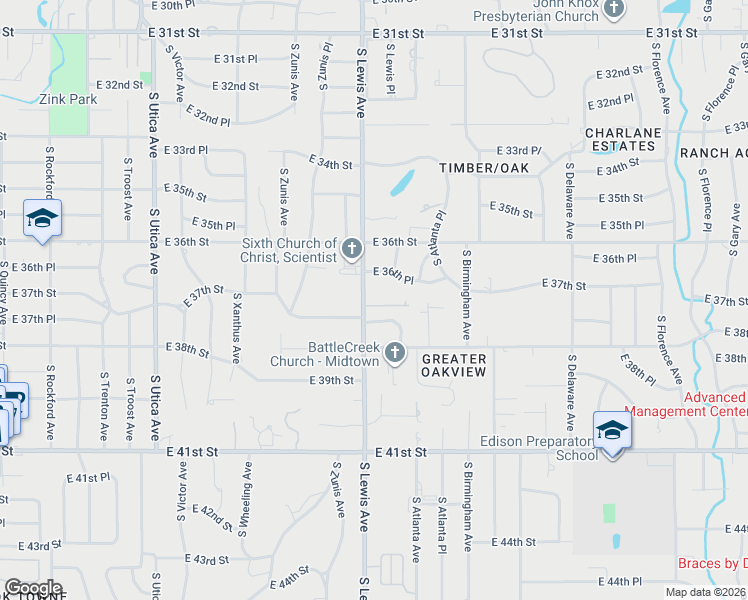 map of restaurants, bars, coffee shops, grocery stores, and more near 3655 South Lewis Avenue in Tulsa