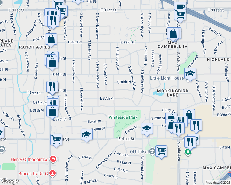 map of restaurants, bars, coffee shops, grocery stores, and more near 4108 E 37th St in Tulsa