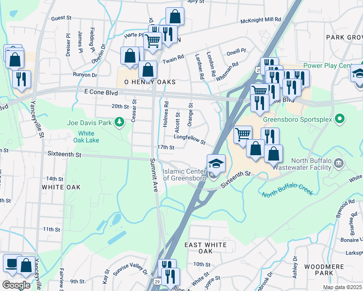 map of restaurants, bars, coffee shops, grocery stores, and more near 1611 17th Street in Greensboro