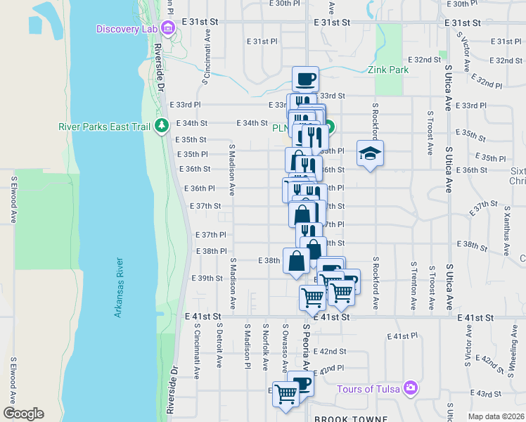 map of restaurants, bars, coffee shops, grocery stores, and more near 1030 East 37th Street in Tulsa