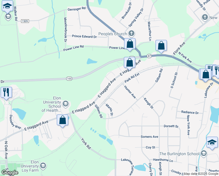 map of restaurants, bars, coffee shops, grocery stores, and more near 923 East Haggard Avenue in Elon