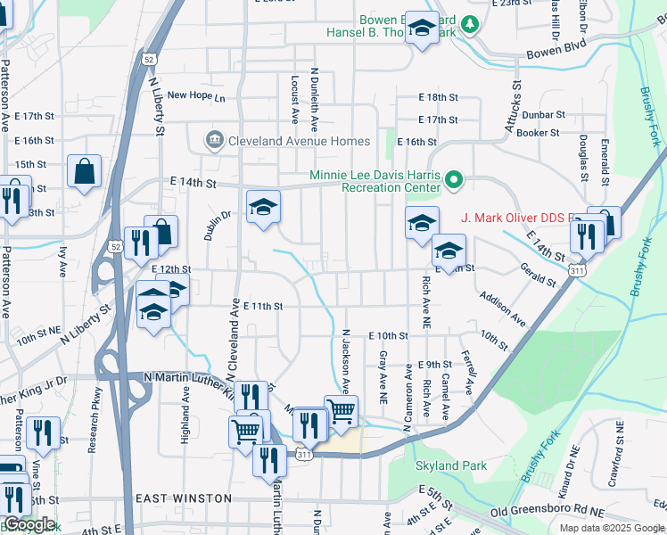 map of restaurants, bars, coffee shops, grocery stores, and more near 1527 East 12th Street in Winston-Salem