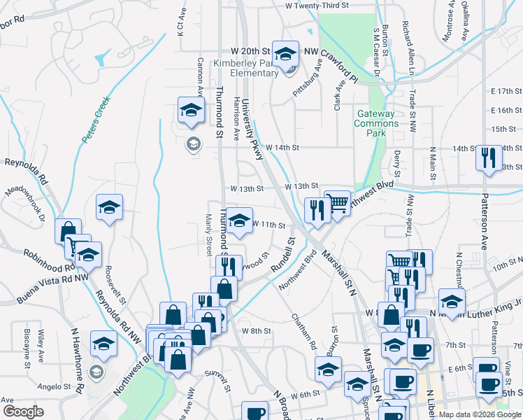 map of restaurants, bars, coffee shops, grocery stores, and more near 866 West 12th Street in Winston-Salem