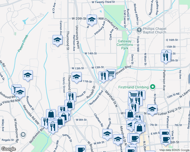 map of restaurants, bars, coffee shops, grocery stores, and more near 1285 University Parkway in Winston-Salem
