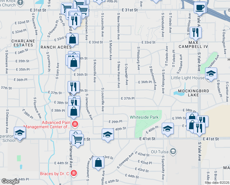 map of restaurants, bars, coffee shops, grocery stores, and more near 3738 East 37th Street in Tulsa