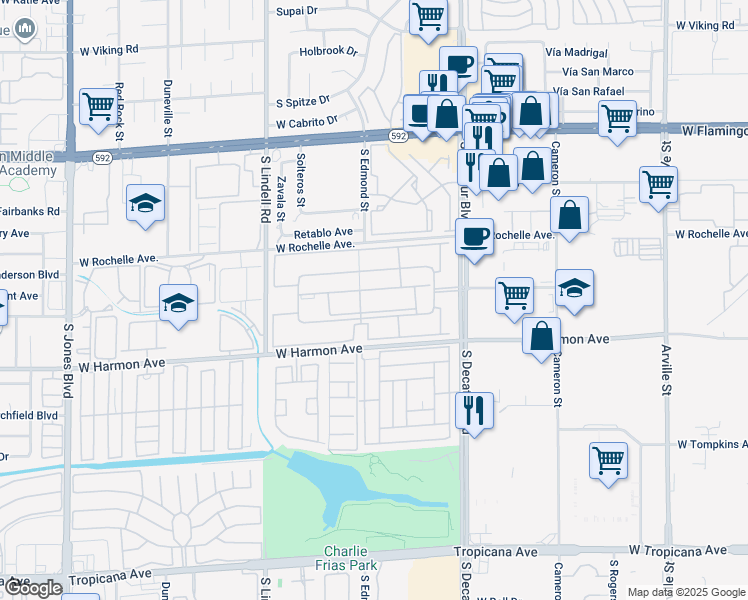 map of restaurants, bars, coffee shops, grocery stores, and more near 5080 Indian River Drive in Las Vegas