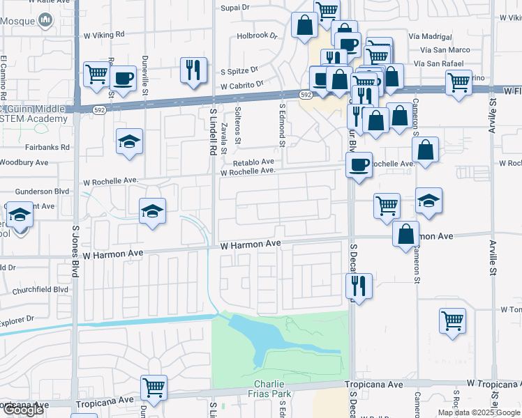 map of restaurants, bars, coffee shops, grocery stores, and more near 5200 Indian River Drive in Las Vegas