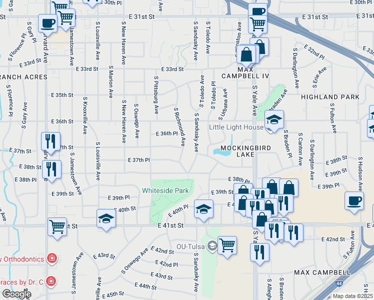 map of restaurants, bars, coffee shops, grocery stores, and more near 3707 South Richmond Avenue in Tulsa
