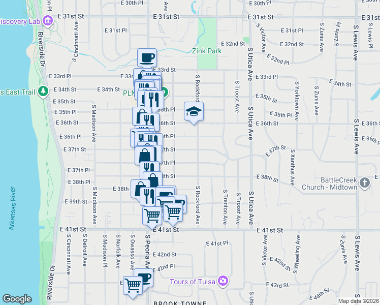 map of restaurants, bars, coffee shops, grocery stores, and more near 1440 East 37th Street in Tulsa